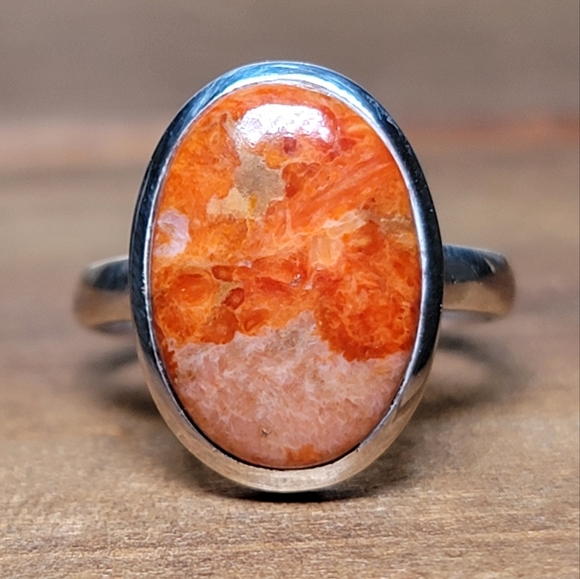 Vintage Jewelry - Native Red Sponge Coral Gemstone Ring Size 7 Sterling Silver Womens Jewelry 925